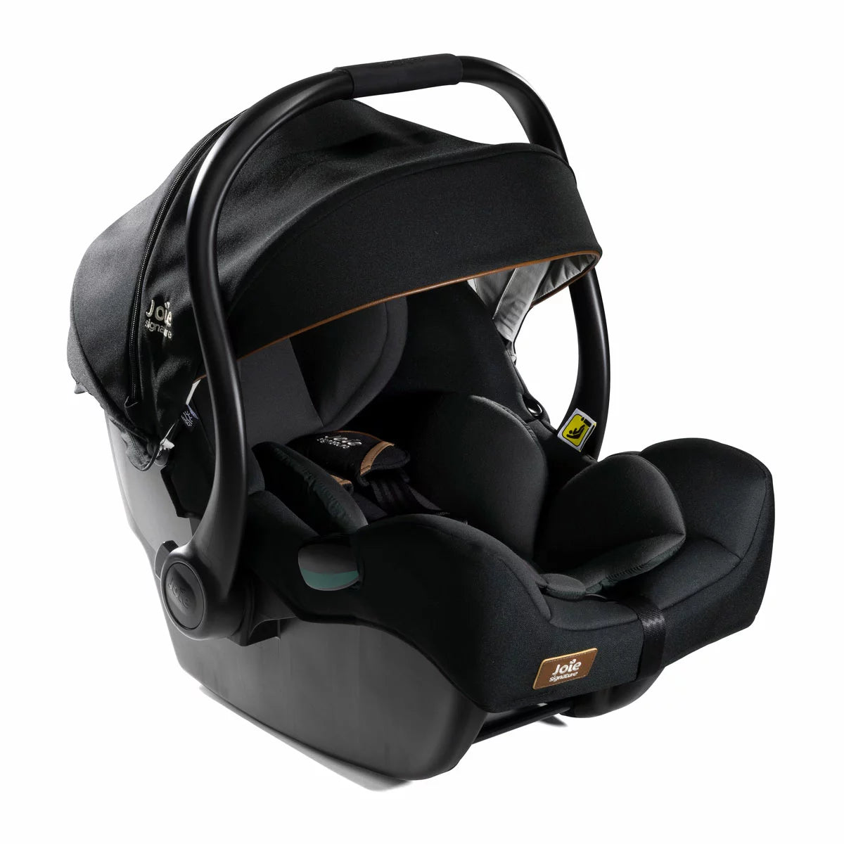 Rear angle view of the Joie I-Jemini infant carrier showing the Tri-Protect headrest layers and side impact protection shell.