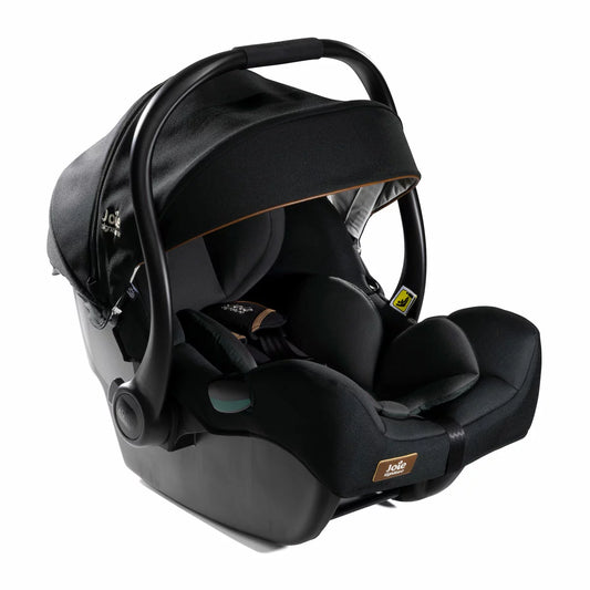 Rear angle view of the Joie I-Jemini infant carrier showing the Tri-Protect headrest layers and side impact protection shell.