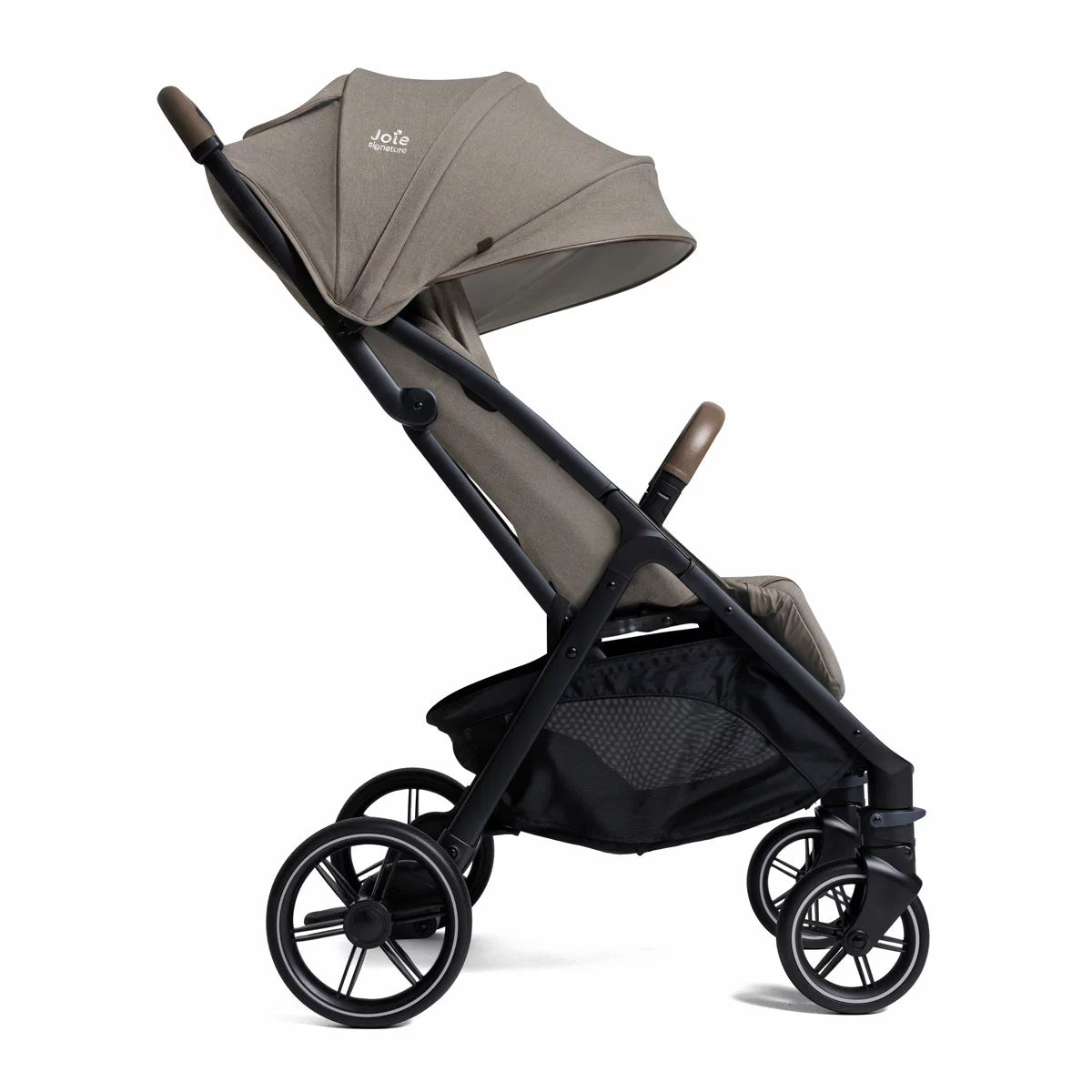 Joie Signature Parcel LX stroller in Maple colorway folded down into its ultra compact travel carry bag