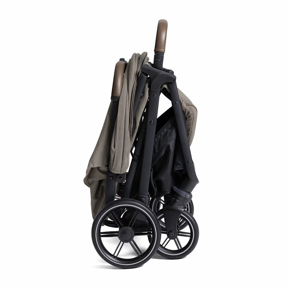 Joie Signature Parcel LX stroller in Maple colorway folded down into its ultra compact travel carry bag