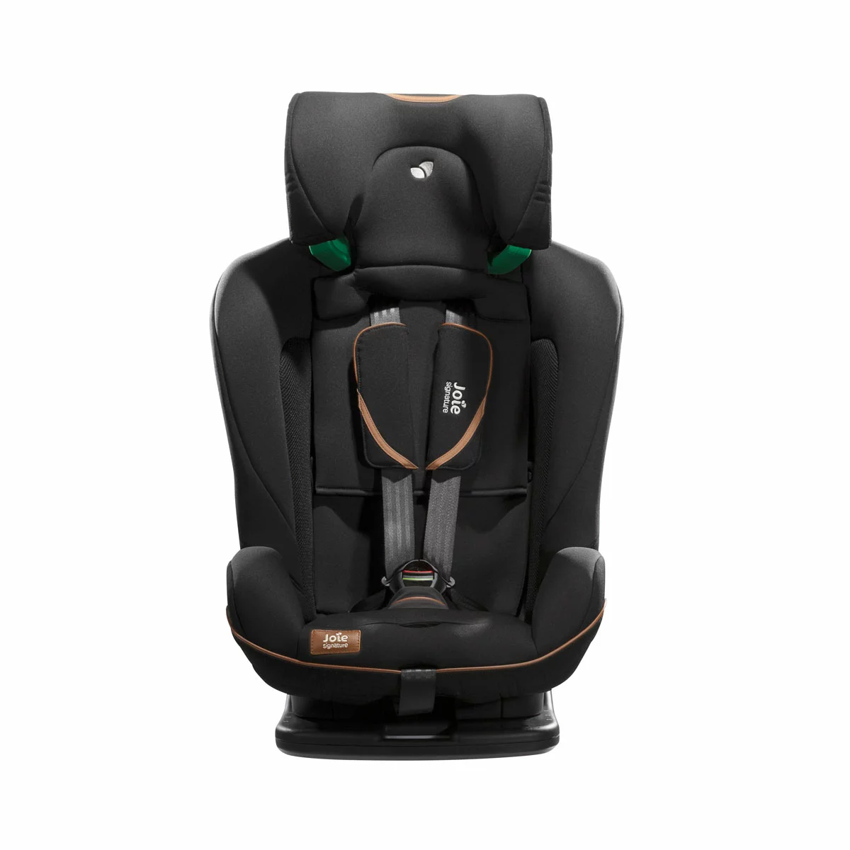 Joie i-Penti Signature booster car seat in a premium gray fabric displaying the extended Tri-Protect headrest and steel-reinforced frame.