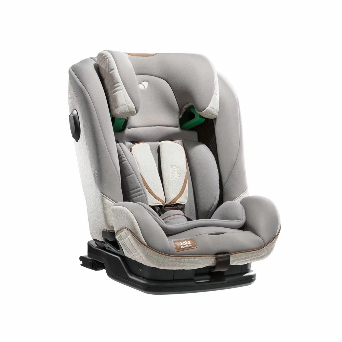 Joie i-Penti Signature booster car seat in a premium gray fabric displaying the extended Tri-Protect headrest and steel-reinforced frame.