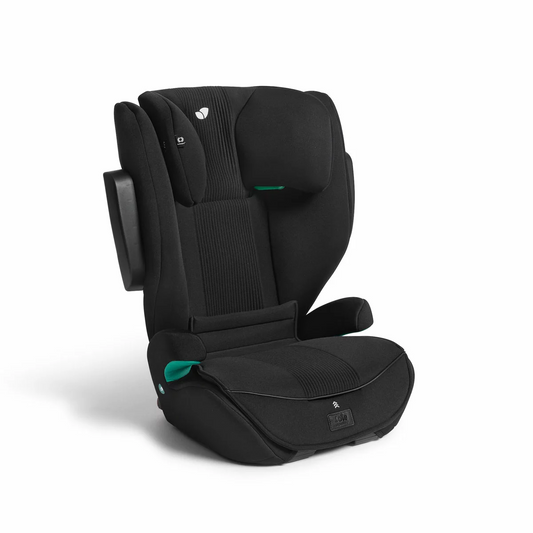 Close-up view of the adjustable ISOFIX connectors and colour-coded belt guides on the Joie i-Traver booster seat.