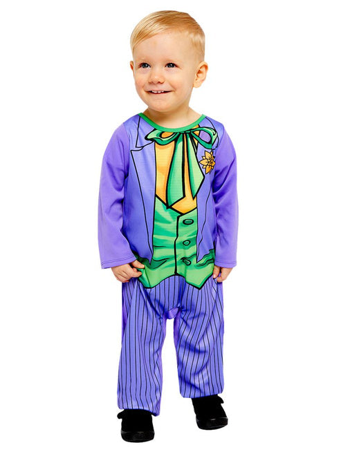 Front view of the Joker baby and toddler costume romper featuring purple and green printed suit details with attached coat tails laid flat on a neutral background.