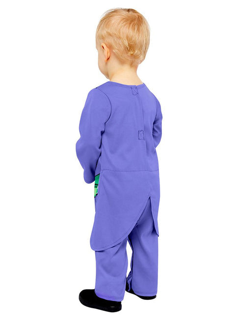 Front view of the Joker baby and toddler costume romper featuring purple and green printed suit details with attached coat tails laid flat on a neutral background.