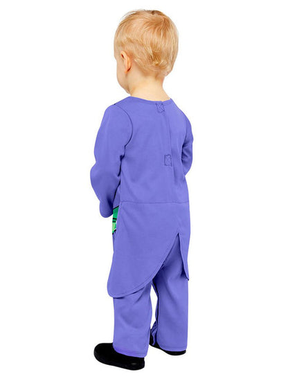 Front view of the Joker baby and toddler costume romper featuring purple and green printed suit details with attached coat tails laid flat on a neutral background.
