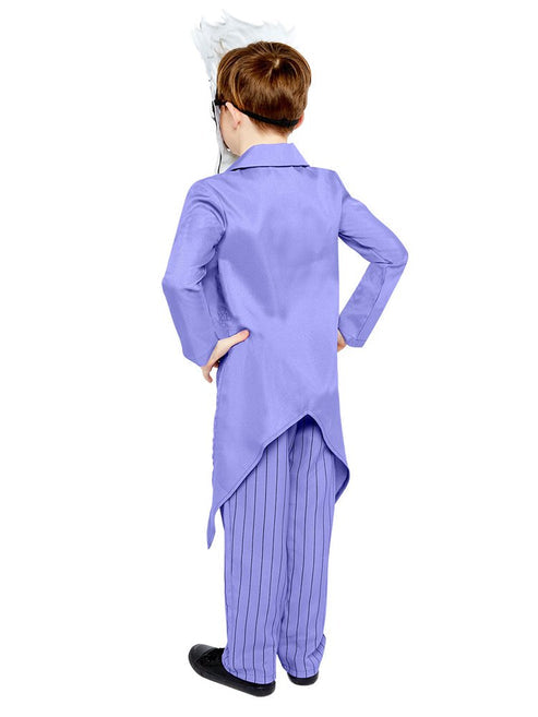 Front view of a child wearing the purple Joker comic costume with attached green vest and trousers against a neutral studio backdrop.