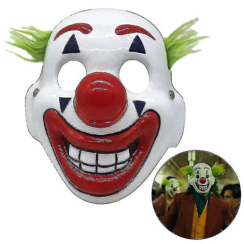 Front view of a white, red, and blue painted DC Joker Arthur Fleck scary clown masquerade mask on a neutral background.