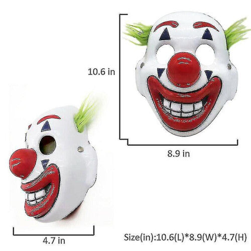 Front view of a white, red, and blue painted DC Joker Arthur Fleck scary clown masquerade mask on a neutral background.