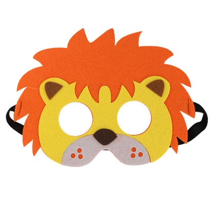 Ten yellow and brown felt lion character masks for kids laid out flat showing neat stitching and soft elastic straps.