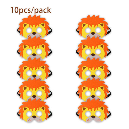 Ten yellow and brown felt lion character masks for kids laid out flat showing neat stitching and soft elastic straps.