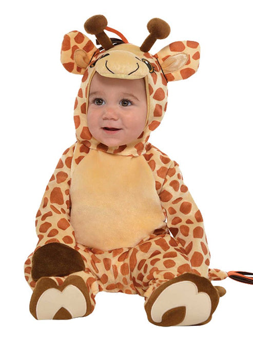 Full view of a toddler wearing a spotted yellow and brown Junior Giraffe jumpsuit costume with headpiece and matching booties against a clean neutral background.
