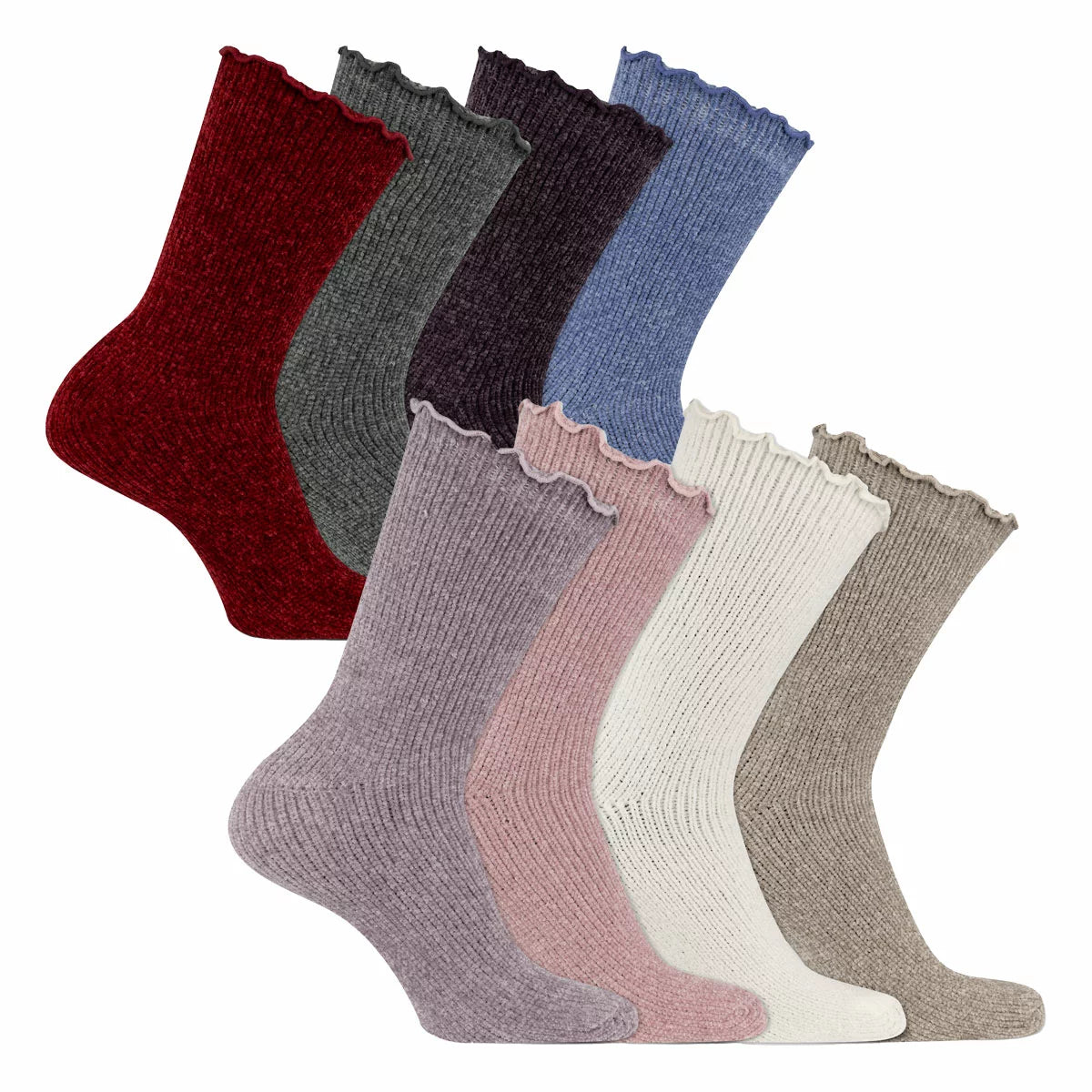 Flat lay of K Bell ladies chenille crew socks in soft pink, cream, and grey showcasing the plush velvety texture and delicate lettuce edge cuffs on a wooden background.
