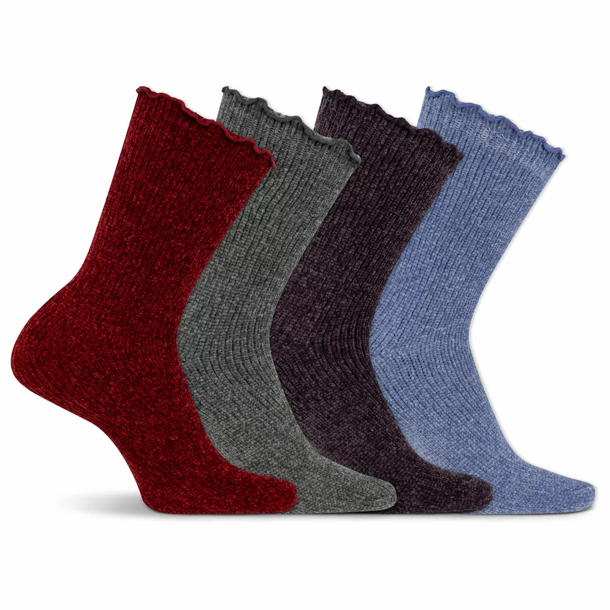 Flat lay of K Bell ladies chenille crew socks in soft pink, cream, and grey showcasing the plush velvety texture and delicate lettuce edge cuffs on a wooden background.