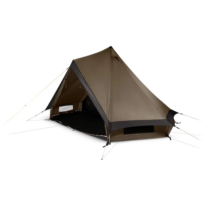 A tan Kampa Pineveil tipi-style tent pitched on a misty mountain ridge with its side ventilation panels rolled up, showing the sturdy internal aluminium support pole.