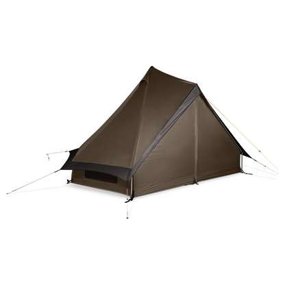 A tan Kampa Pineveil tipi-style tent pitched on a misty mountain ridge with its side ventilation panels rolled up, showing the sturdy internal aluminium support pole.