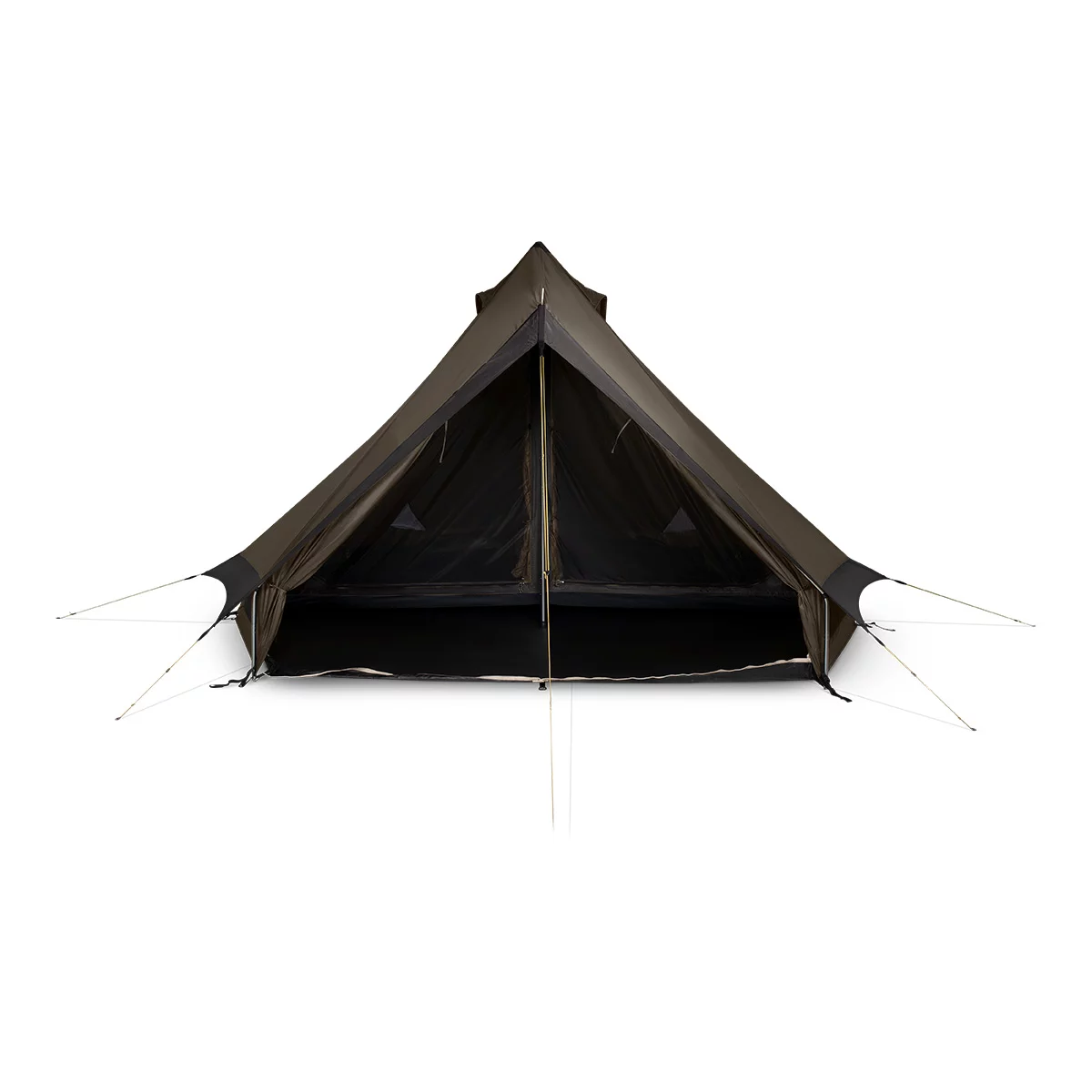 A tan Kampa Pineveil tipi-style tent pitched on a misty mountain ridge with its side ventilation panels rolled up, showing the sturdy internal aluminium support pole.