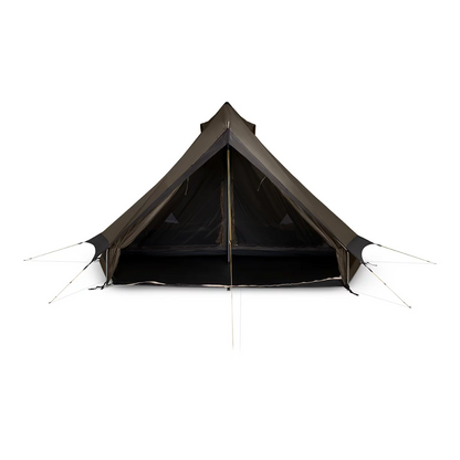 A tan Kampa Pineveil tipi-style tent pitched on a misty mountain ridge with its side ventilation panels rolled up, showing the sturdy internal aluminium support pole.
