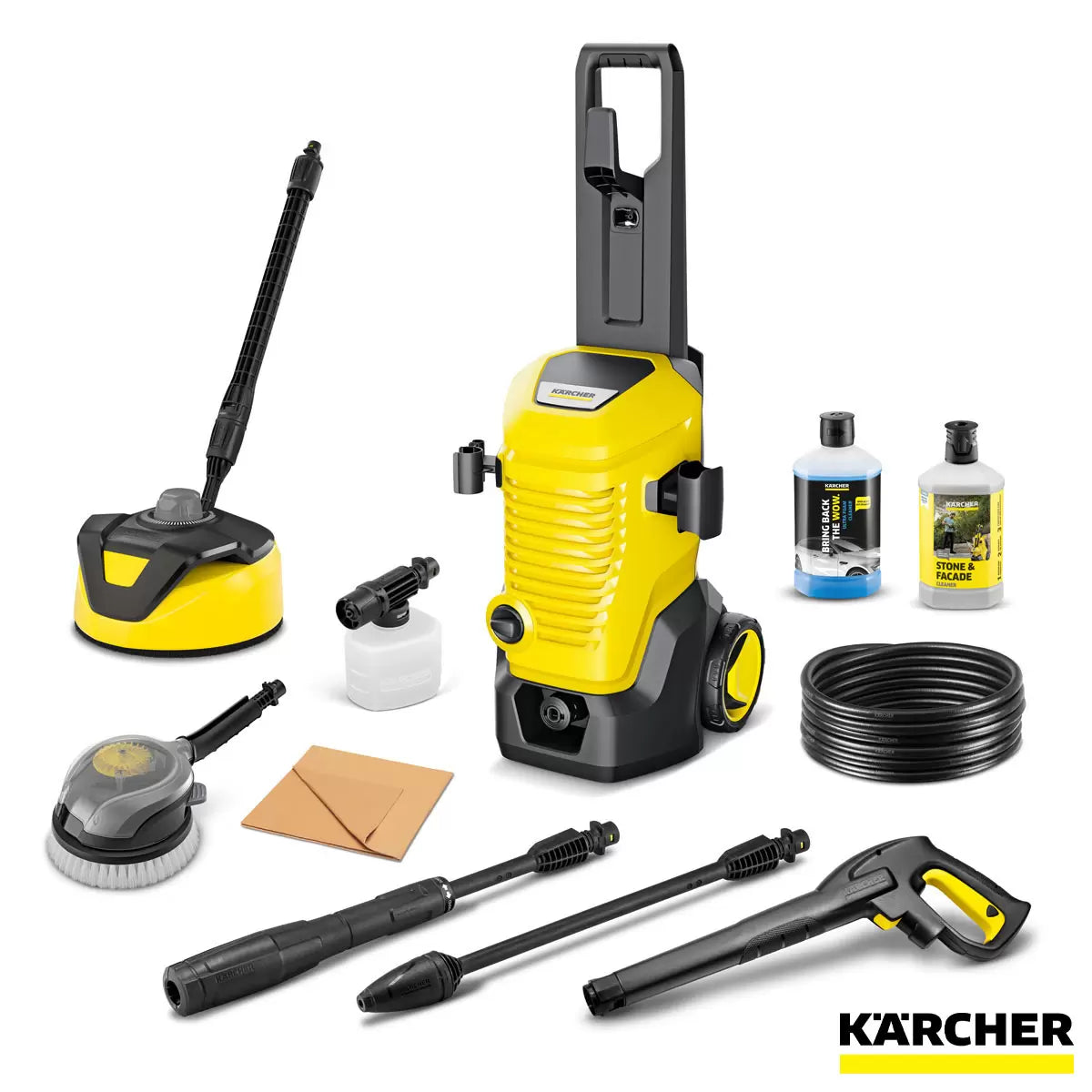 Karcher K5 WCM car and home pressure washer bundle cleaning a vehicle and outdoor patio with high-pressure water spray