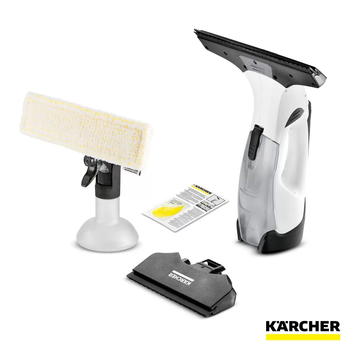 Front view of the yellow and black Karcher WV5 plus N window vacuum cleaner resting on a clean glass table alongside its spray bottle assembly and narrow suction head.