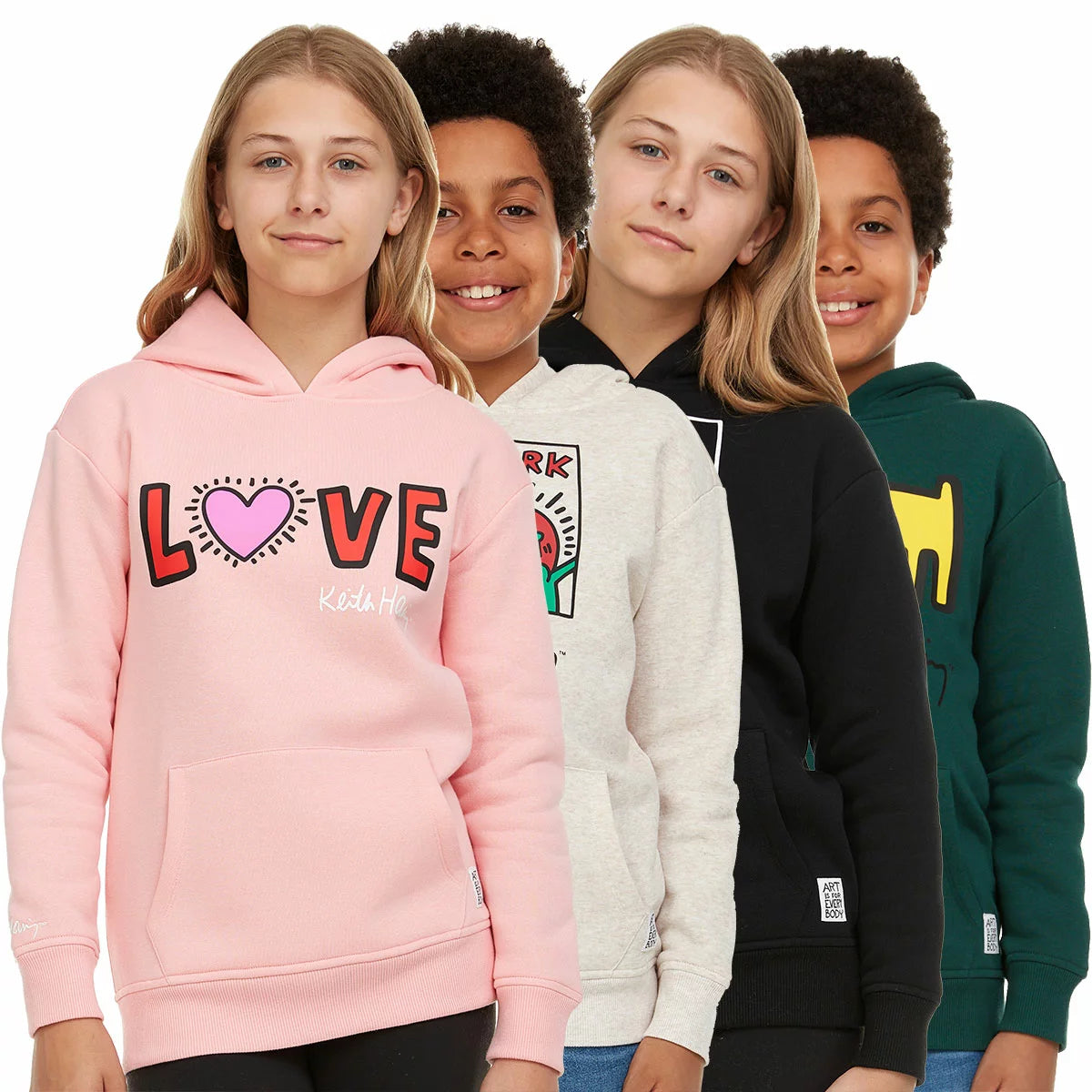 Close-up of the beige Keith Haring youth fleece hoodie showcasing the graphic front artwork, lined hood, and front kangaroo pocket on a neutral background.