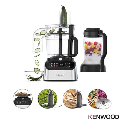 The Kenwood MultiPro OneTouch FDM73.480SS processor and blender in a modern kitchen, featuring the digital scale interface and various included attachments.