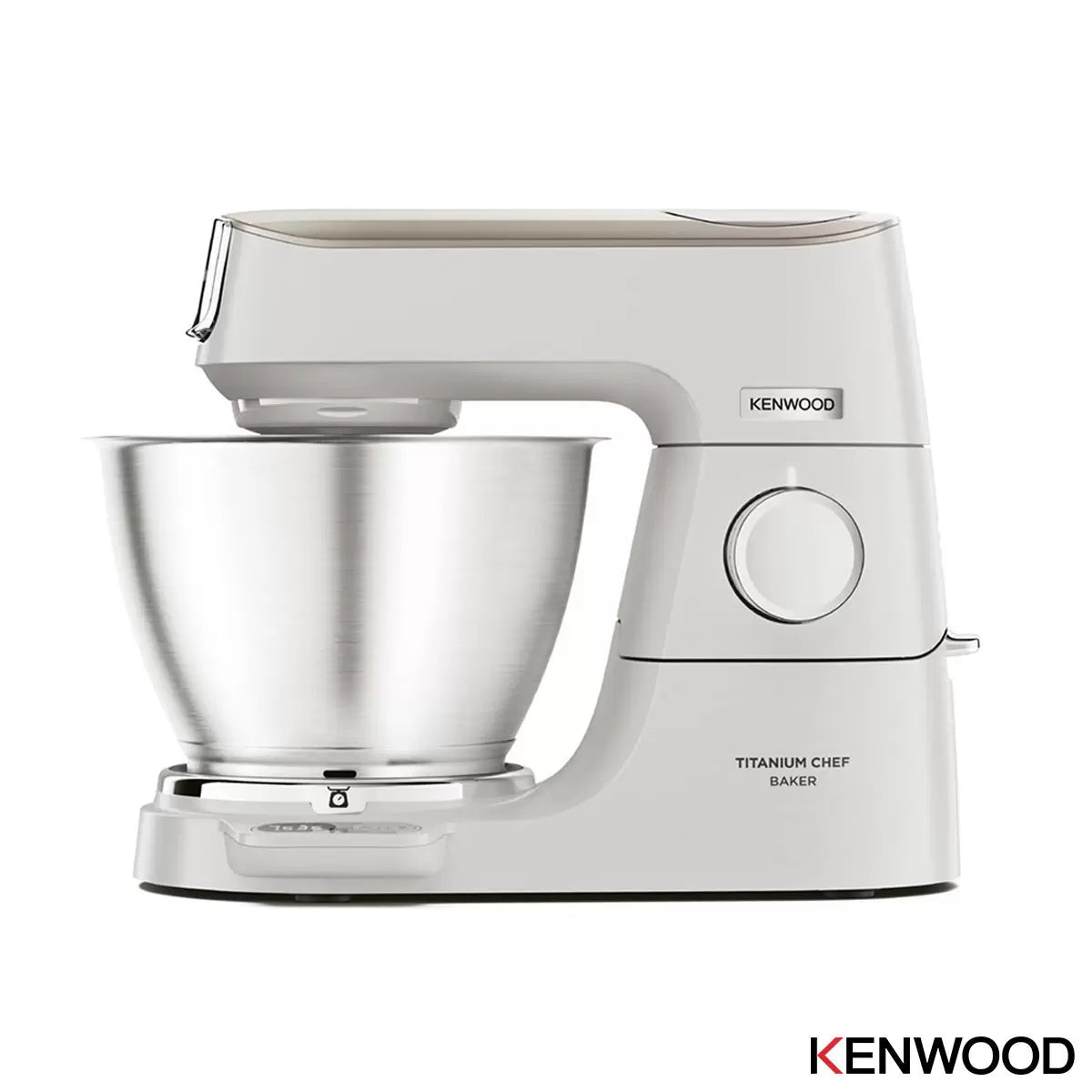 Achieve precise baking with the Kenwood Titanium Chef Baker Stand Mixer. Built-in EasyWeigh™ scales, 5L stainless steel bowl, powerful motor, and planetary mixing action.