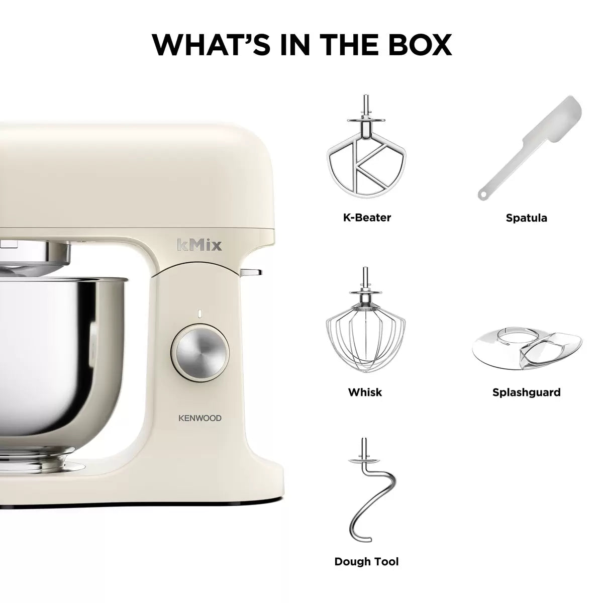 The cream Kenwood kMix KMX751ACR stand mixer shown with its 5L stainless steel bowl, K-beater, and splashguard on a bright kitchen work surface.