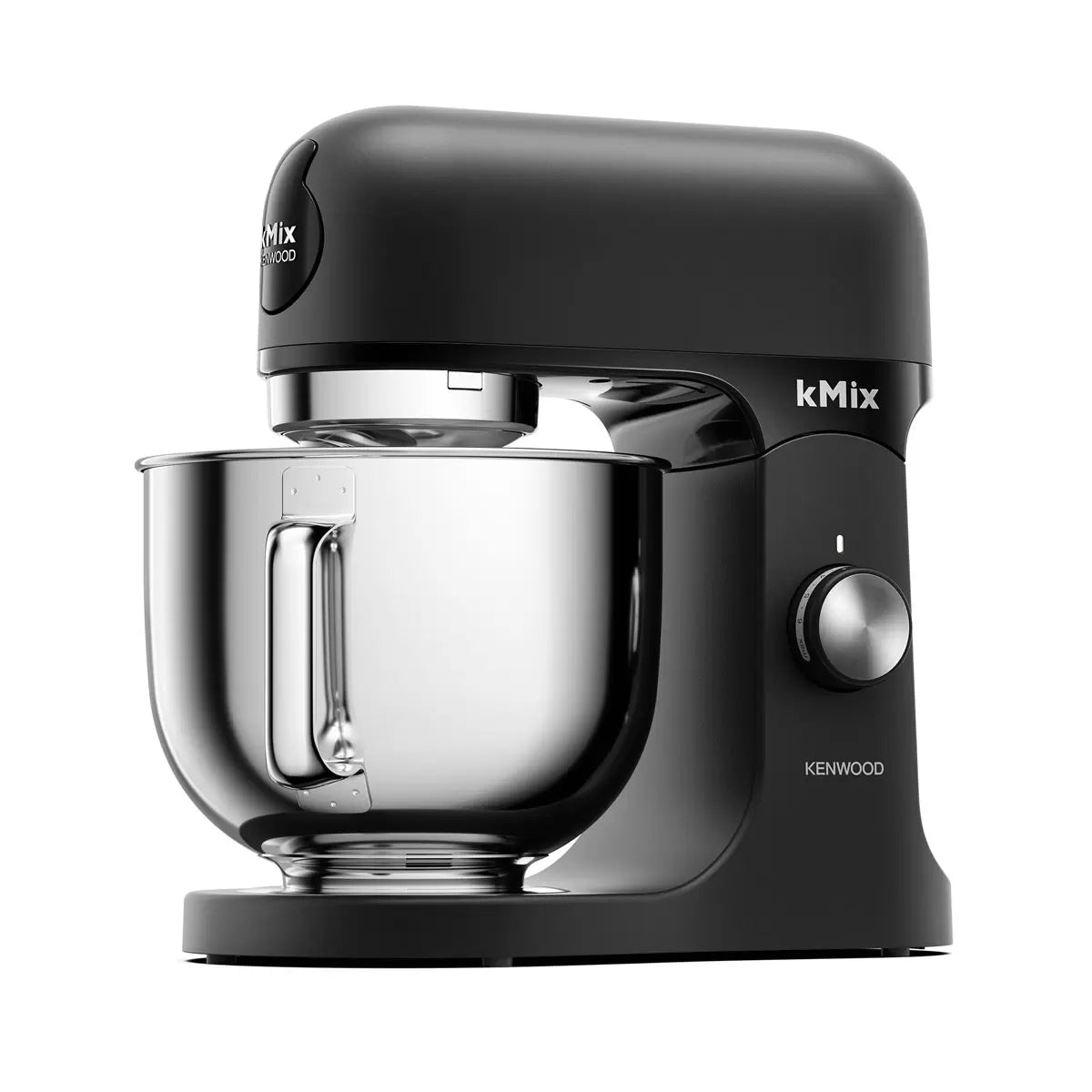 Front profile view of the Kenwood kMix KMX751ABK stand mixer in a matte black finish with its 5-litre stainless steel bowl and K-Beater attachment set up on a kitchen countertop.