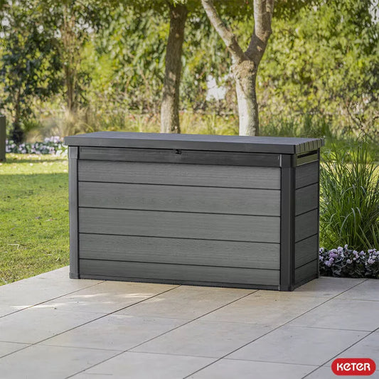 Keter Cortina 757 Litre grey wood-effect outdoor storage deck box.