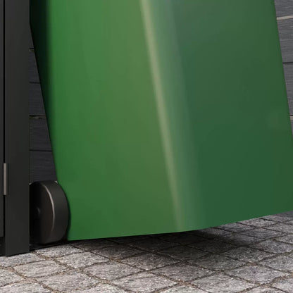 Keter Cortina Hideaway 2-section bin store in a charcoal and wood-grain finish, sitting on a modern patio with two wheelie bins inside.