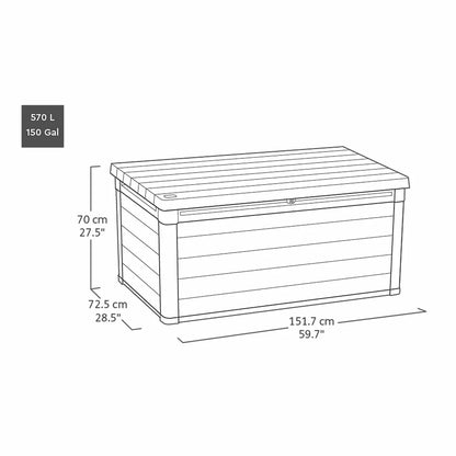 Front angle view of the brown Keter Rosewood 575L deck box featuring a realistic wood-grain texture, positioned on a modern stone patio next to outdoor green foliage.