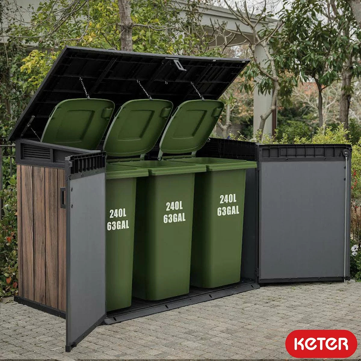 Keter Rosewood Horizon 2020L horizontal storage shed in a wood-effect finish, situated on a patio for secure bin and tool storage.