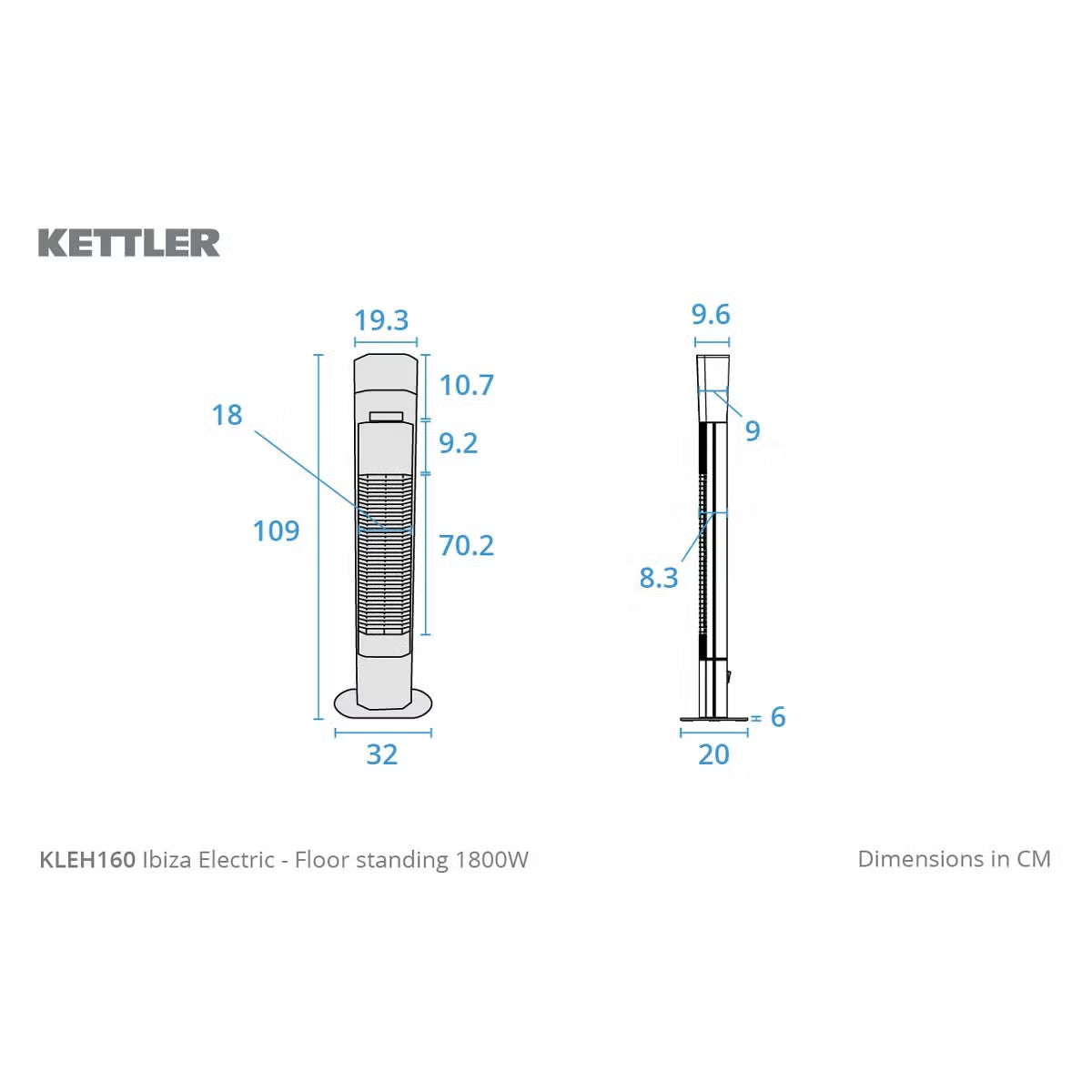 Kettler Kalos Ibiza floor standing garden heater in dark grey finish with illuminated LED ring and built-in speaker standing on a wooden patio deck.