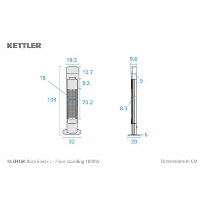 Kettler Kalos Ibiza floor standing garden heater in dark grey finish with illuminated LED ring and built-in speaker standing on a wooden patio deck.