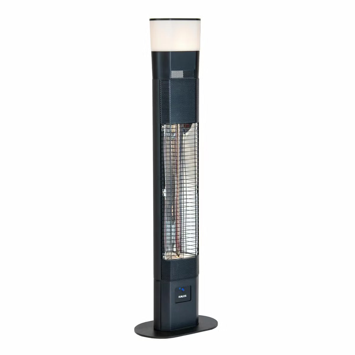 Kettler Kalos Ibiza floor standing garden heater in dark grey finish with illuminated LED ring and built-in speaker standing on a wooden patio deck.