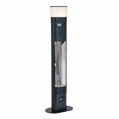 Kettler Kalos Ibiza floor standing garden heater in dark grey finish with illuminated LED ring and built-in speaker standing on a wooden patio deck.