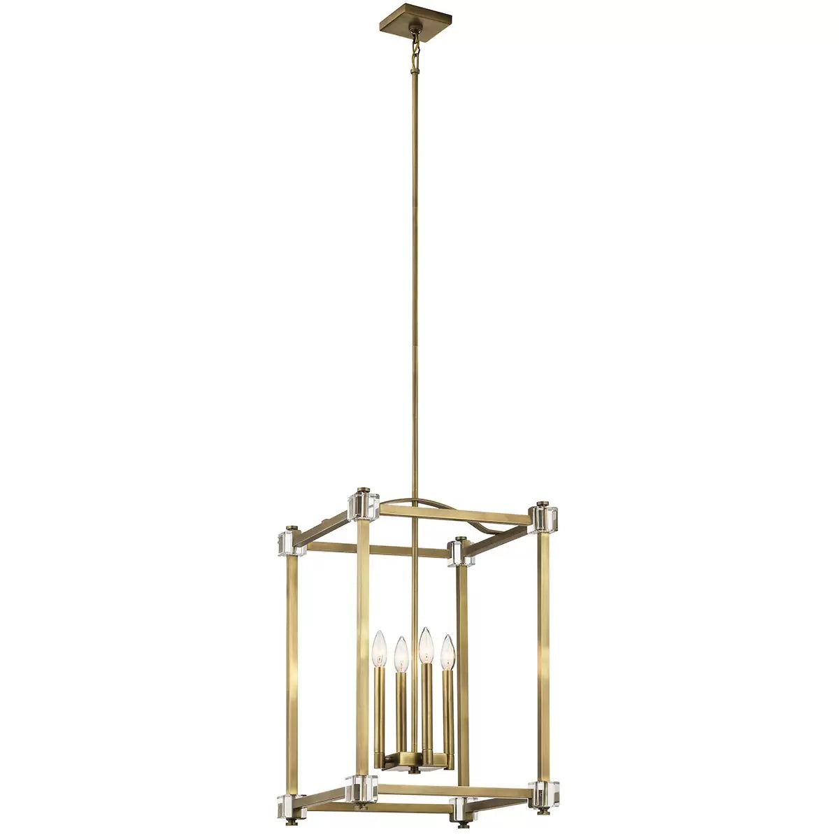 A large Kichler Cayden four-light pendant fixture featuring a gold natural brass steel cage with arched curves and clear optical crystal accents hanging from a high dining room ceiling.