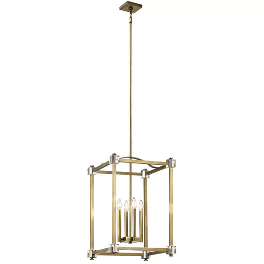A large Kichler Cayden four-light pendant fixture featuring a gold natural brass steel cage with arched curves and clear optical crystal accents hanging from a high dining room ceiling.