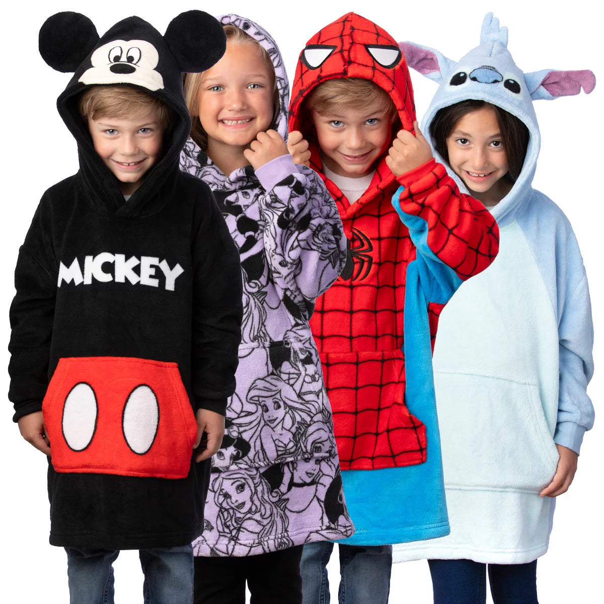 Front view of a vibrant kids blue oversized fleece hoodie featuring detailed embroidered character art, soft kangaroo pocket, and plush texture on a white background.