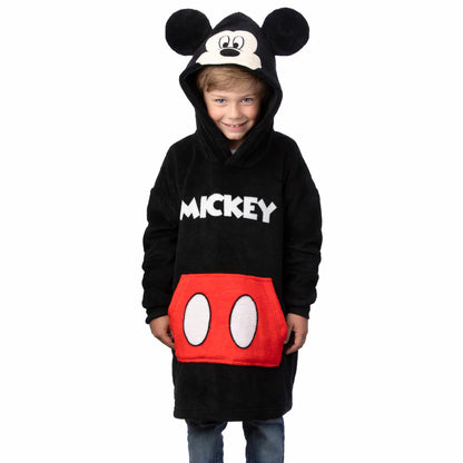 Front view of a vibrant kids blue oversized fleece hoodie featuring detailed embroidered character art, soft kangaroo pocket, and plush texture on a white background.