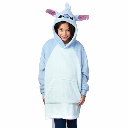 Front view of a vibrant kids blue oversized fleece hoodie featuring detailed embroidered character art, soft kangaroo pocket, and plush texture on a white background.