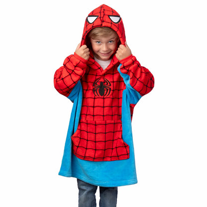 Front view of a vibrant kids blue oversized fleece hoodie featuring detailed embroidered character art, soft kangaroo pocket, and plush texture on a white background.