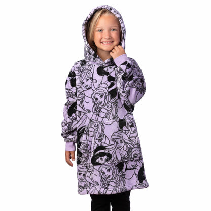 Front view of a vibrant kids blue oversized fleece hoodie featuring detailed embroidered character art, soft kangaroo pocket, and plush texture on a white background.
