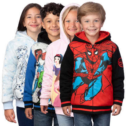 Front view of a colorful Character Kids Plush Hoodie in soft fleece fabric with full zip and detailed character embroidery displayed against a clean backdrop.