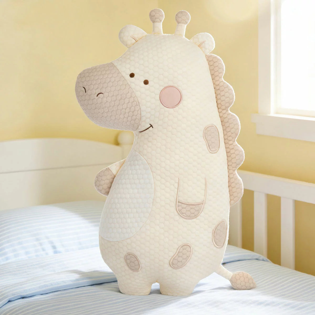 Zoobies Kids Cooling Animal Pillow in cute giraffe shape displayed on a bed showing textured cooling cover and plush filling.