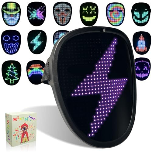 Front view of black Kids LED Mask with Gesture Sensing displaying bright colorful glowing face graphics against a dark backdrop.