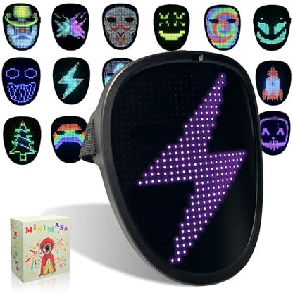 Front view of black Kids LED Mask with Gesture Sensing displaying bright colorful glowing face graphics against a dark backdrop.