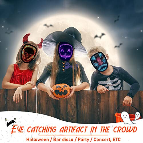 Front view of black Kids LED Mask with Gesture Sensing displaying bright colorful glowing face graphics against a dark backdrop.