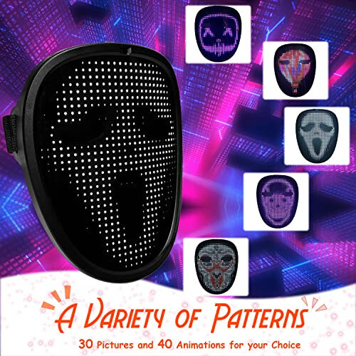 Front view of black Kids LED Mask with Gesture Sensing displaying bright colorful glowing face graphics against a dark backdrop.